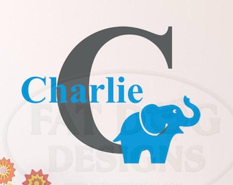 Elephant with Monogram Custom Vinyl Decal -  Wall Name Decal, Elephant Decal, Baby Boy, Room Decor, Elephant Sticker, Nursery Decal