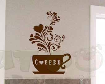 Floral Heart Coffee Cup Removable Vinyl Wall, Coffee Station Decor, Coffee Sign, Coffee Bar, Coffee Decor, Kitchen Decor, Coffee Shop