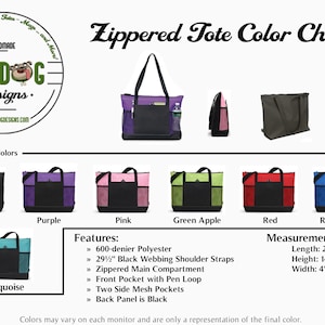 May include: Color chart for zippered tote bags. The chart shows 7 different colors: black, purple, pink, green apple, red, royal blue, and turquoise. The tote bag features a zippered main compartment, a front pocket with a pen loop, two side mesh pockets, and a black back panel. The tote bag is made of 600-denier polyester and has 29 1/2 inch black webbing shoulder straps. The tote bag measures 20 inches in length, 14 inches in height, and 4 inches in width.