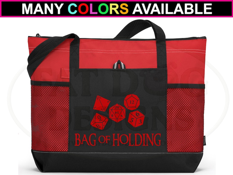 May include: Red and black tote bag with a mesh pocket on each side. The bag has a design of red dice with the text "Bag of Holding" printed on the front.