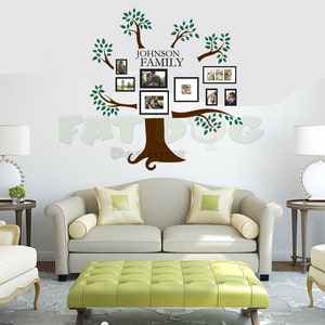 Multi-Colored Family Tree Photo Gallery Display with Name Removable Wall Decal, Family Name Wall Decal, Tree Decal, Living Room Wall Decal