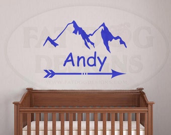 Mountains with Name Custom Vinyl Decal - Name Sign, Unisex Nursery Decor, Gender Neutral, Mountains Decal, Childs Room, Door Name Sign