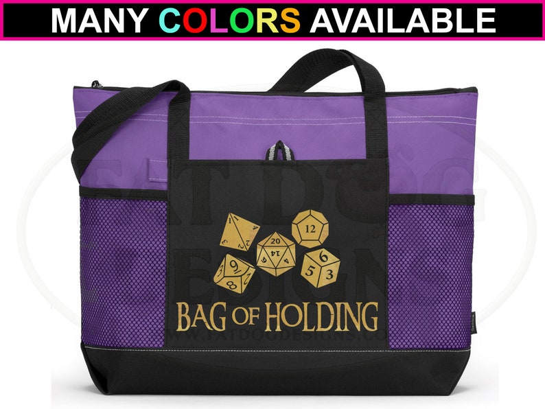 May include: Purple tote bag with black accents and mesh side pockets. The bag has a gold design of dice with the text "Bag of Holding".