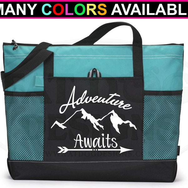 Adventure Awaits Custom Zippered Tote Bag - Outdoorsy Gift, Handbag, Explore, Hike, Adventure Travel Tote, Mountain Tote, Gifts for Her