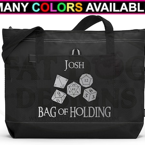 May include: Black tote bag with a personalized name "JOSH" and a design of dice with the text "BAG OF HOLDING".