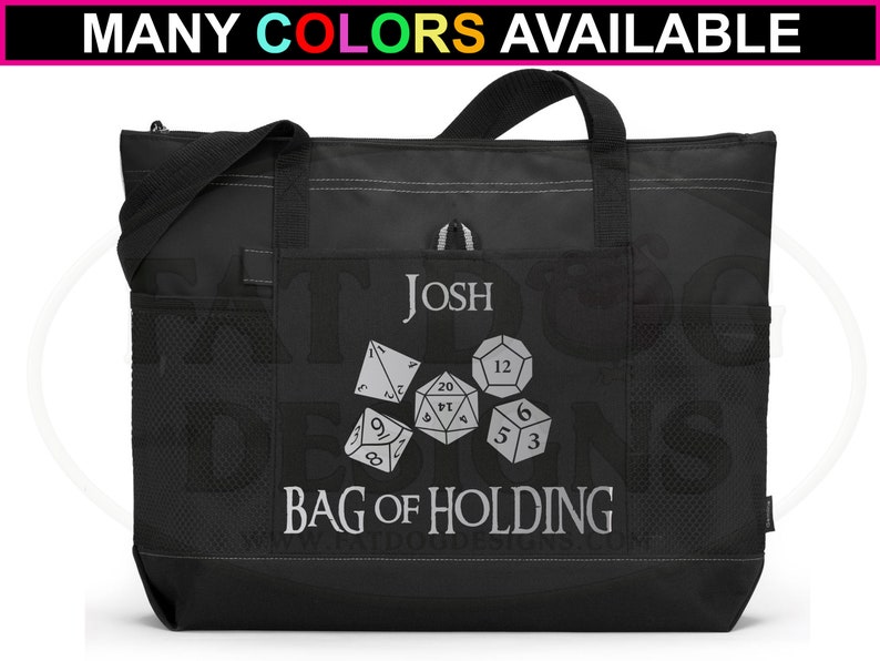 May include: Black tote bag with a personalized name "JOSH" and a design of dice with the text "BAG OF HOLDING".