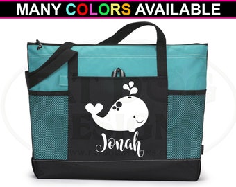 Whale w/ Custom Name Zippered Tote Bag - Baby Tote, Monogram Bag, Diaper Bag, Baby Shower Gift, School Bag, New Mom Gift