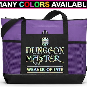 May include: A purple and black tote bag featuring the text "DUNGEON MASTER WEAVER OF FATE" in a holographic font. The bag has a zipped top, black handles, and mesh side pockets. The text "MANY COLORS AVAILABLE" is at the top.