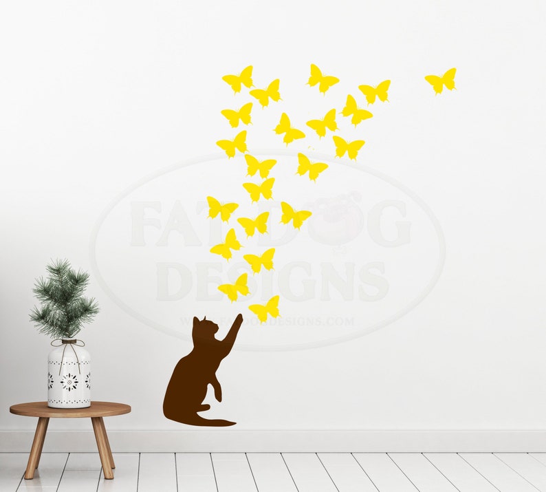 Playful Cat and Butterflies Removable Wall Decal Cat Lover Etsy