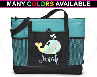 Whale w/ Custom Name in Metallic Foil Zippered Tote Bag - Diaper Bag, Monogram Bag, Baby Shower Gift, New Mom Gift, Mom Bag