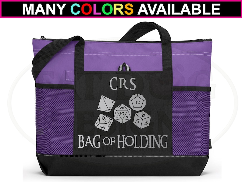 May include: Purple tote bag with a black zippered pocket and mesh side pockets. The pocket has a design of dice and the text "CRS BAG OF HOLDING".