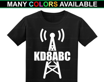 Ham Radio Amateur Radio Custom Call Sign w/ Tower Short-Sleeve T-Shirt (S-6XL) - Dad Gift, Ham Radio Shirt, Call Sign Shirt, Ham Fest
