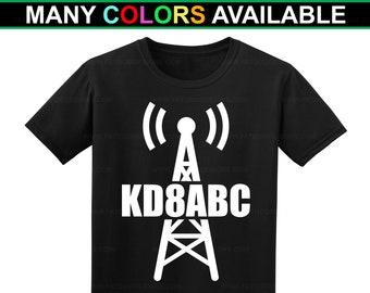 Ham Radio Amateur Radio Custom Call Sign w/ Tower Short-Sleeve T-Shirt (S-5XL) - Dad Gift, Ham Radio Shirt, Call Sign Shirt, Ham Fest