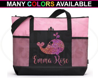 Whale w/ Custom Name in Holographic Glitter Zippered Tote Bag - Diaper Bag, Monogram Bag, Baby Shower Gift, New Mom Gift, Mom Bag