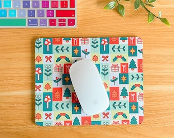 Festive Block Pattern  - Rectangle Mouse Mat | mousepad, cute desk accessories, illustration, cute, kawaii, cozy, winter, bows, ribbons