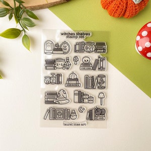 Estantes de brujas - Juego de sellos acrílicos transparentes / sellos, bloque, letras, bujo, diario, correo feliz, papelería, kawaii, lindo, brujería, libros