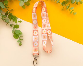 Pink Daisy Lanyard // Digital Art, Stickers, Illustration, kawaii, Stationary, cottagecore, quilt