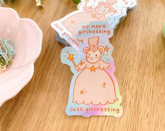 No More GirlBossing - iridescent sticker | Digital Art, Stickers, Stationery, funny, kawaii, mouse