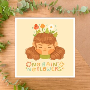 No Rain, No Flowers - Square Art Print | Digital Art, Hand Drawn Illustration, Home decor, flowers, cute, fun