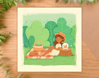 Picknick Snacks - Quadratisch Kunstdruck | Digitale Kunst, handgezeichnete Illustration, Wohndekor, botanisch, Blätter, niedlich, Natur