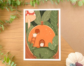 May include: A whimsical illustration of a pumpkin house with a welcome sign. Two small white characters with black eyes are standing near the house, one on a ladder and the other standing on the ground. The illustration is set against a background of green leaves and a red mushroom.