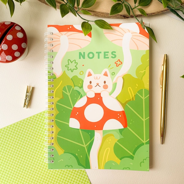 Mushroom Cat - A5 Spiral Bound Notebook | Digital Art, Illustration, kawaii, Stationery, cottagecore, cat, mushroom