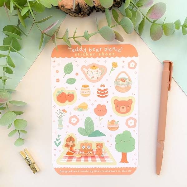 Teddy Bear Picnic  - Sticker Sheet (1 pc) | Digital Art, Stickers, Illustration, kawaii, Stationery, bullet journal, journaling, cottagecore