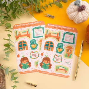 Bookworm Essentials - Foglio di adesivi (1 pz) / Arte digitale, Adesivi, Illustrazione, Cancelleria, bullet journal, libri, lettura, cottagecore