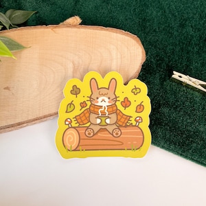 Cozy Rabbit - Matte Vinyl sticker | Digital Art, Stickers, funny, Illustration, kawaii, Stationery, cute, winter, animal, bunny, leaves