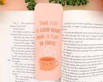 Time for a Good Book and a Cup of Coffee - Bookmark | Digital Art, Illustration, Books, reading, kawaii, Stationery