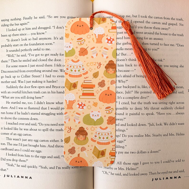 Autumn Essentials Bookmark Digital Art, Illustration, Books, reading, kawaii, Stationery, autumnal, cottagecore, leaves, mushroom With Tassel