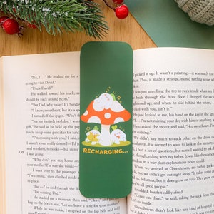 Recharging Meebloos - Bookmark | Digital Art, Illustration, Books, reading, kawaii, Stationery, mushroom, winter, cozy