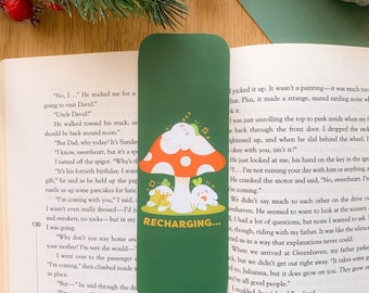 Recharging Meebloos - Bookmark | Digital Art, Illustration, Books, reading, kawaii, Stationery, mushroom, winter, cozy