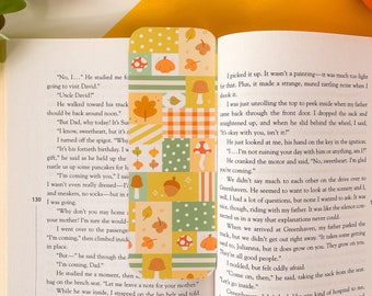 Cozy Patchwork Bookmark / Digital Art, Illustration, Books, reading, kawaii, Stationery, mushrooms, leaves, autumnal, fall