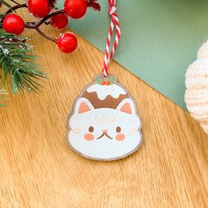 Festive Crème the Cat - Wooden Cat Decorations // Christmas decorations, wooden ornaments, illustrated xmas gifts, cat decoration