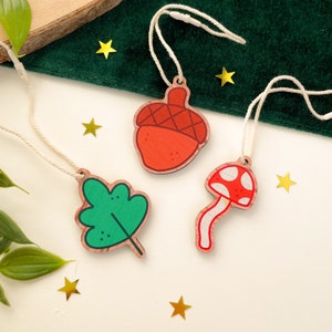 Forest Things - Wooden Decoration Set (3 pcs) | Christmas decorations, wooden, ornaments, illustrated xmas gifts, mushroom