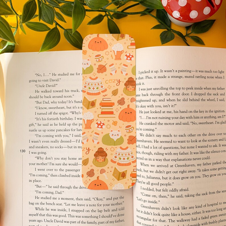 Autumn Essentials Bookmark Digital Art, Illustration, Books, reading, kawaii, Stationery, autumnal, cottagecore, leaves, mushroom Without Tassel