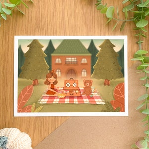 Herbstliches Picknick - Kunstdruck | Digitale Kunst, Handgezeichnete Illustration, Halloween, Cottagecore, Herbst, gemütlich, Bär