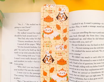 Spooky Crème & Brûlée - Bookmark | Digital Art, Illustration, Books, reading, cats, Stationery, cottagecore, halloween, pumpkin