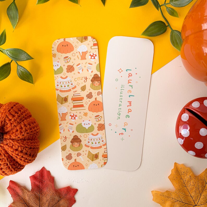 Autumn Essentials Bookmark Digital Art, Illustration, Books, reading, kawaii, Stationery, autumnal, cottagecore, leaves, mushroom image 5