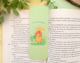 Rainy Days - Bookmark | Digital Art, Illustration, Books, reading, kawaii, Stationery, plants, cottagecore, rain, raincoat