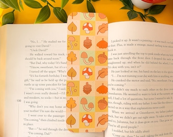 Autumn Patchwork - Bookmark | Digital Art, Illustration, Books, reading, kawaii, Stationery, autumnal, cottagecore, leaves, mushroom