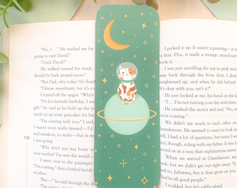 Brûlée the Space Cat - Bookmark | Digital Art, Illustration, Books, reading, kawaii, Stationery, plants, cottagecore, cats, planet, stars