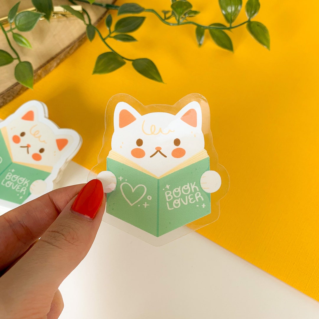 Book Lover Cat - Transparent Glossy Vinyl Sticker | Digital Art ...