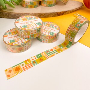Patchwork douillet - Ruban adhésif Washi | washi, ruban adhésif, art numérique, autocollants, illustration, kawaii, papeterie, automne, douillet, feuilles, champignon vénéneux