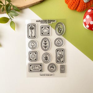 秋のスタンプ - 透明アクリルスタンプセット | スタンプ、ブロック、文字、ブジョ、ジャーナリング、ハッピーメール、文房具、かわいい、キュート、キノコ