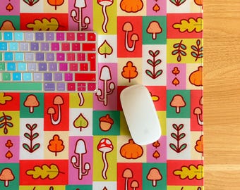 Fall Foraging - Large Gaming Mouse Mat | mousepad, cute desk accessories, illustration, autumn, cute, kawaii, leaves, mushrooms