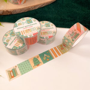 Patchwork d'hiver - Ruban adhésif Washi épais | Washi 20 mm, ruban adhésif, art numérique, autocollants, illustration, kawaii, hiver, festif, Noël, champignon vénéneux