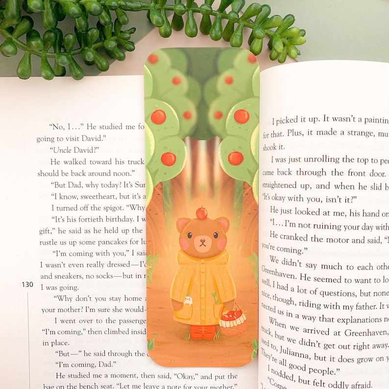 Apple Bear Bookmark Digital Art, Illustration, Books, reading, autumnal, Stationery, apple, plants, cottagecore, bear image 1