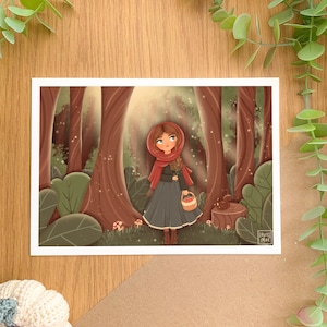 'Lil’ Red' - Kunstdruck | Digitale Kunst, Handgezeichnete Illustration, Dekoration, Cottagecore, Märchen, Rotkäppchen
